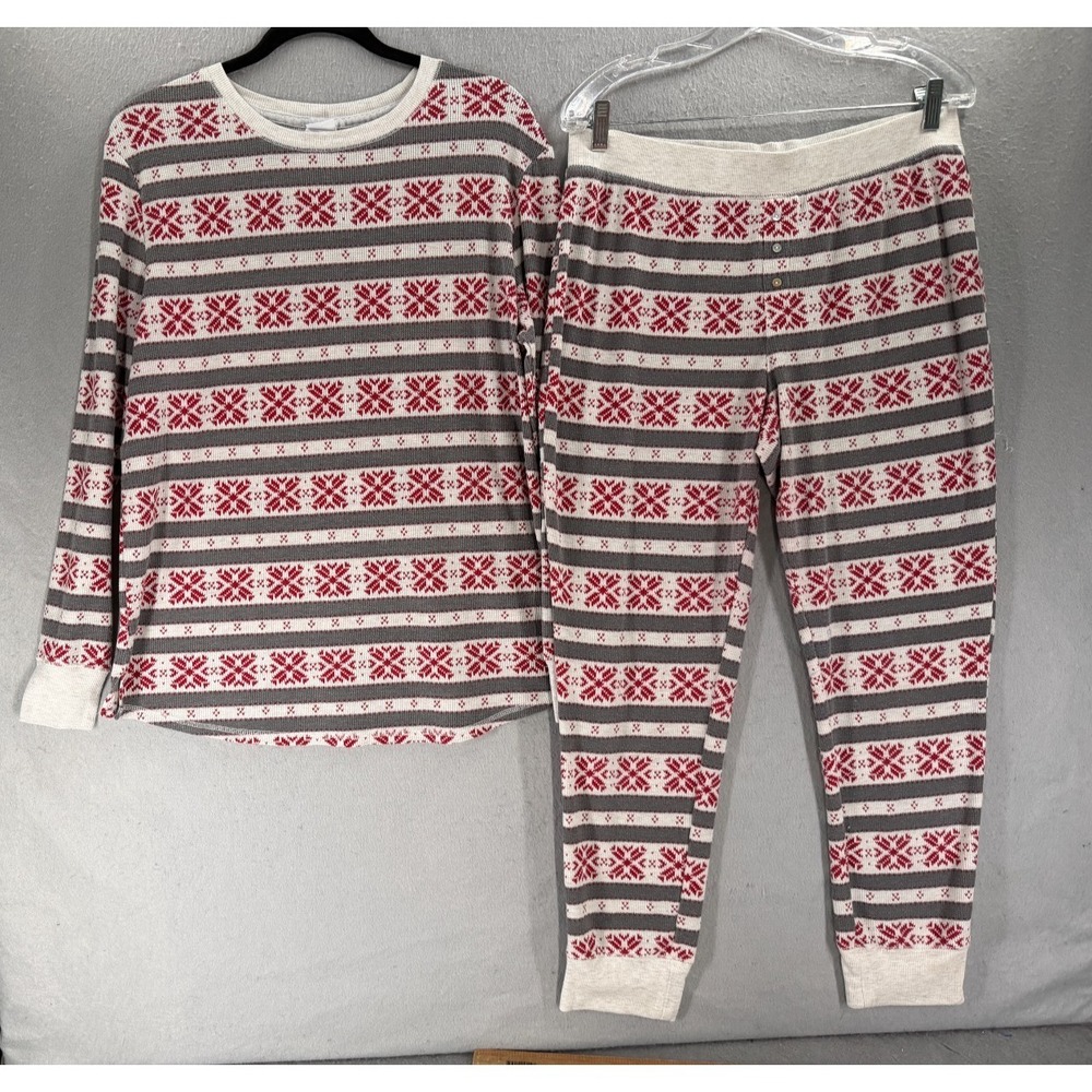 Stars Above Pajama Set Womens XL Gray Red 2 Piece Thermal Snowflakes Long Johns - Picture 1 of 16